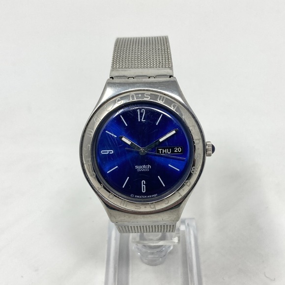 Swatch Irony Watch Men 37mm Day Date Blue Dial Swiss Made Mesh Band New Battery - Picture 3 of 16